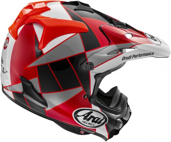 Alternative view of Arai Mx-v evo helm, peak red