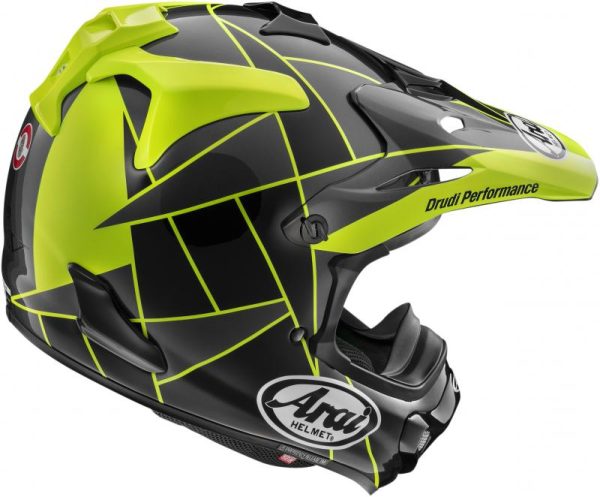 Alternative view of Arai Mx-v evo helm, peak yellow